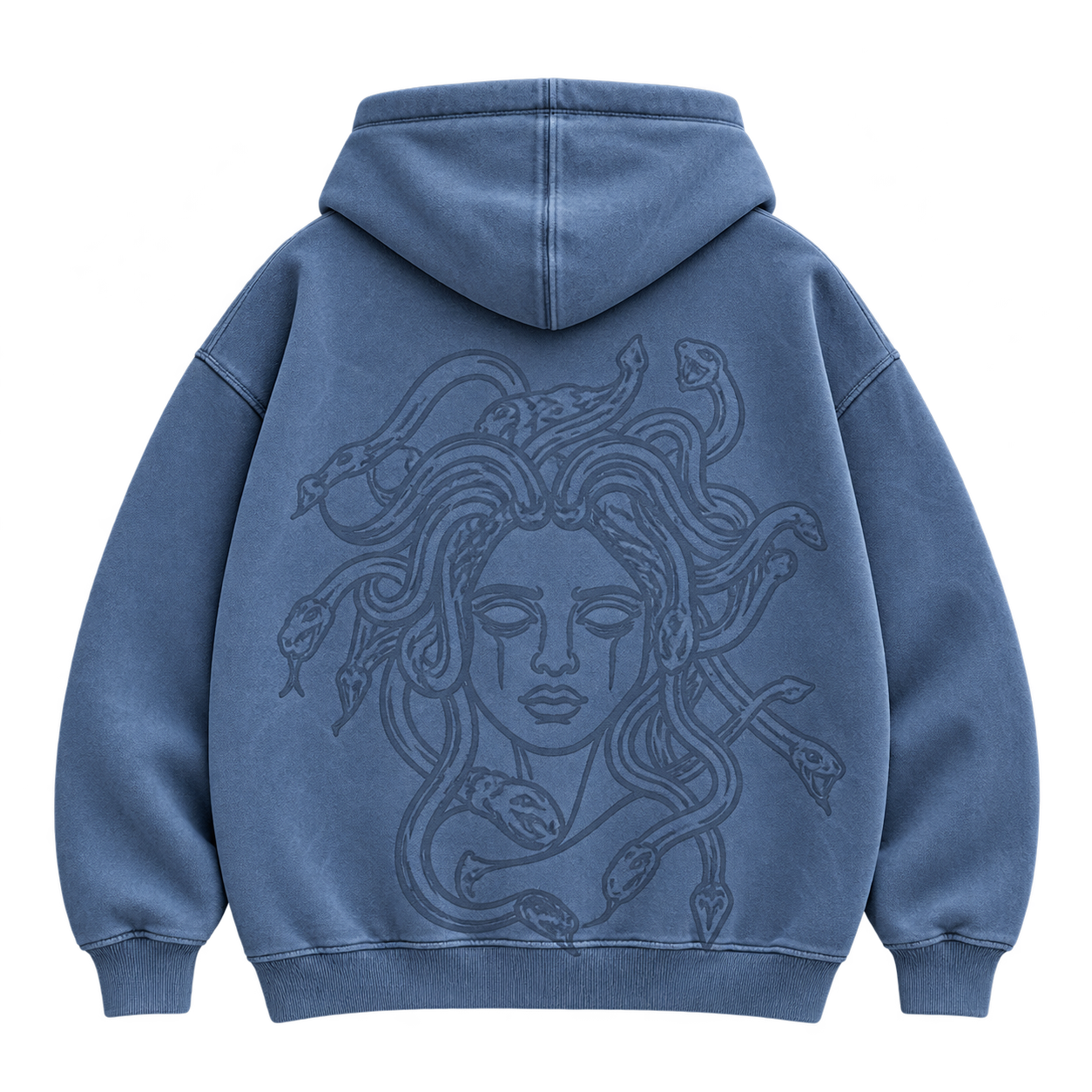 Unscathed Tonal Medusa hoodie in slate blue, with the Medusa back print